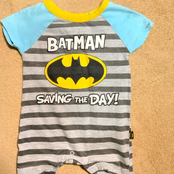 Batman Sz 0/3 Month Saving The Day One Piece Body Suit Blue Gray Striped (I) - Picture 1 of 4